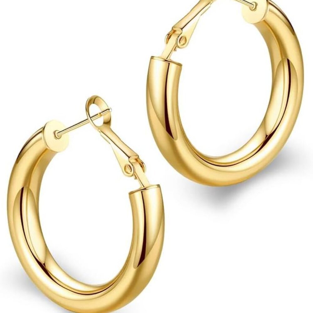 Thick Hoop Earrings Howllow 14K Gold Plated Gold Hoops for Women